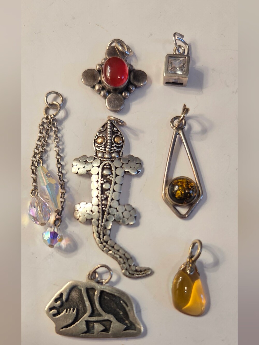 Sterling Silver Lizard,bear,amber Carnelian Pendants,charms